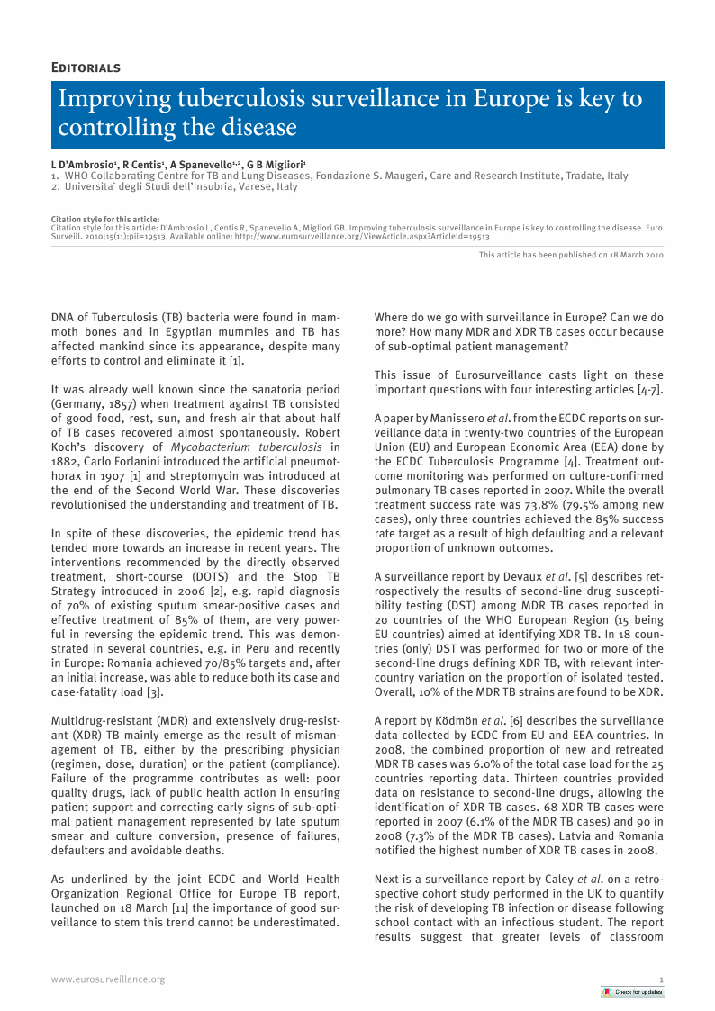Eurosurveillance Improving Tuberculosis Surveillance In Europe Is Key To Controlling The Disease